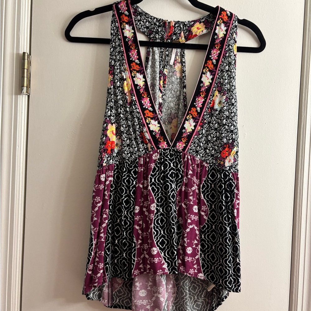 Free People Black and Purple Floral Tank Top